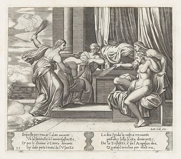 Plate 21: Female personifications of Sorrow and Pain at right punishing Psyche at the b... 1530-60. Creator: Master of the Die