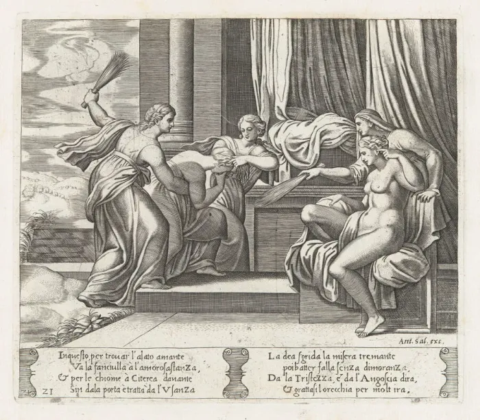 Framed Print : Plate 21: Female personifications of Sorrow and Pain at right punishing Psyche at the b... 1530-60. Creator: Master of the Die Framed Print : Plate 21: Female personifications of Sorrow and Pain at right punishing Psyche at the b... 1530-60. Creator: Master of the Die