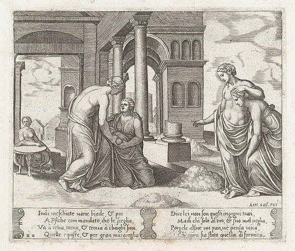 Plate 22: Venus standing at right ordering Psyche to sort a pile of grain, at left the... 1530-60. Creator: Master of the Die