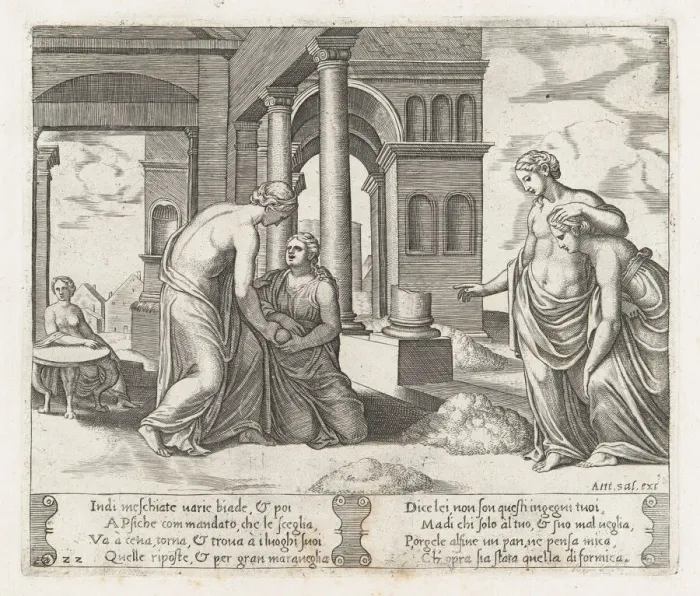 Framed Print : Plate 22: Venus standing at right ordering Psyche to sort a pile of grain, at left the... 1530-60. Creator: Master of the Die Framed Print : Plate 22: Venus standing at right ordering Psyche to sort a pile of grain, at left the... 1530-60. Creator: Master of the Die