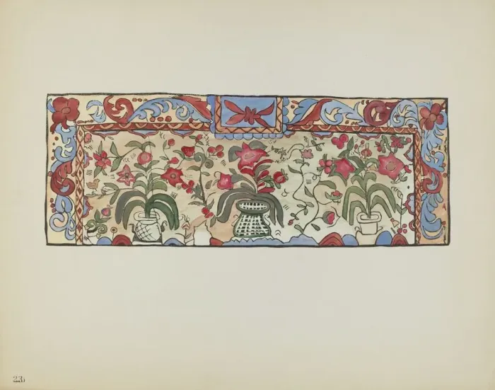 Framed Print : Plate 23: Painting on Buckskin, Laguna: From Portfolio Spanish Colonial Designs... 1935 / 1942. Creator: Unknown Framed Print : Plate 23: Painting on Buckskin, Laguna: From Portfolio Spanish Colonial Designs... 1935 / 1942. Creator: Unknown