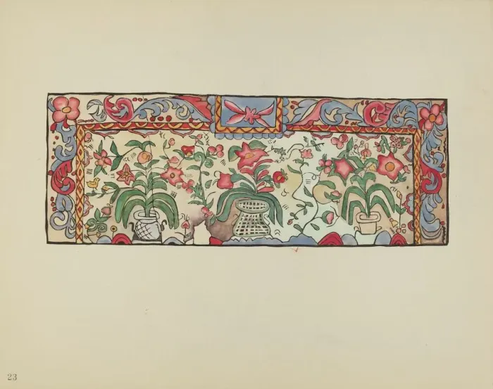 Framed Print : Plate 23: Painting on Buckskin: From Portfolio Spanish Colonial Designs of New Mexico, 1935 / 1942. Creator: Unknown Framed Print : Plate 23: Painting on Buckskin: From Portfolio Spanish Colonial Designs of New Mexico, 1935 / 1942. Creator: Unknown
