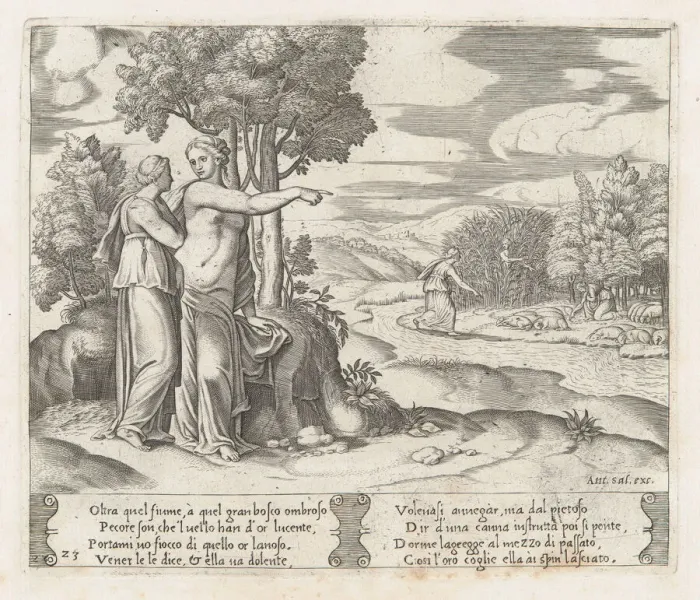 Framed Print : Plate 23: Psyche on the order of Venus departing to find the golden fleece, from the St... 1530-60. Creator: Master of the Die Framed Print : Plate 23: Psyche on the order of Venus departing to find the golden fleece, from the St... 1530-60. Creator: Master of the Die