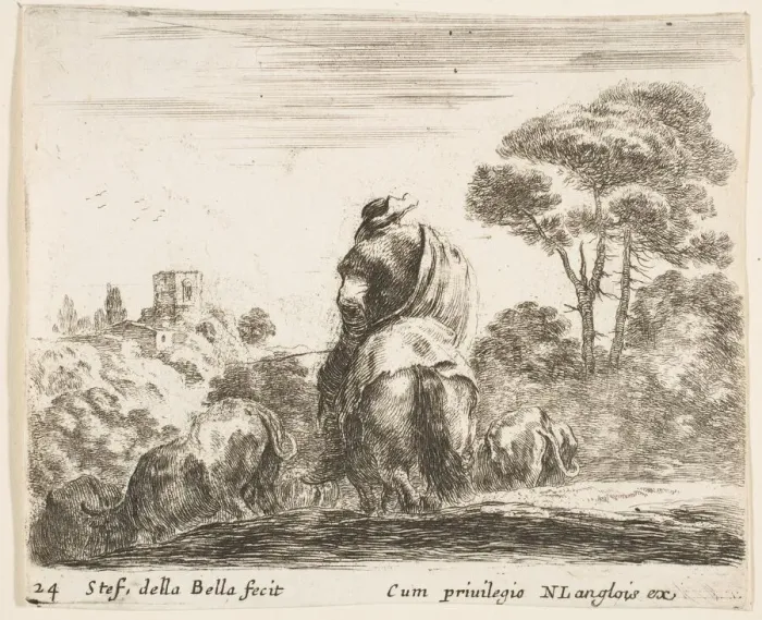 Framed Print : Plate 24: herdsman atop a horse, seen from behind, leads his cattle down a hill, a Framed Print : Plate 24: herdsman atop a horse, seen from behind, leads his cattle down a hill, a