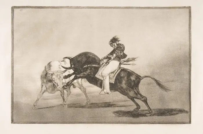 Framed Print : Plate 24 of the Tauromaquia : The same Ceballos mounted on another bull breaks short Framed Print : Plate 24 of the Tauromaquia : The same Ceballos mounted on another bull breaks short