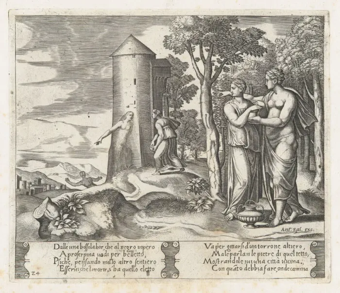 Framed Print : Plate 24: Venus and Psyche standing at right, pointing to the underworld at center, int... 1530-60. Creator: Master of the Die Framed Print : Plate 24: Venus and Psyche standing at right, pointing to the underworld at center, int... 1530-60. Creator: Master of the Die