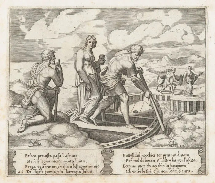 Framed Print : Plate 25: Psyche setting off in Charons boat, ignoring the old man at left who request... 1530-60. Creator: Master of the Die Framed Print : Plate 25: Psyche setting off in Charons boat, ignoring the old man at left who request... 1530-60. Creator: Master of the Die