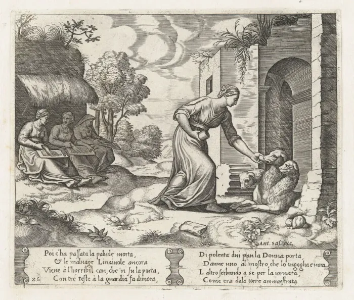Framed Print : Plate 26: Psyche enters the underworld giving an offering to Cerberus, with two elderly... 1530-60. Creator: Master of the Die Framed Print : Plate 26: Psyche enters the underworld giving an offering to Cerberus, with two elderly... 1530-60. Creator: Master of the Die