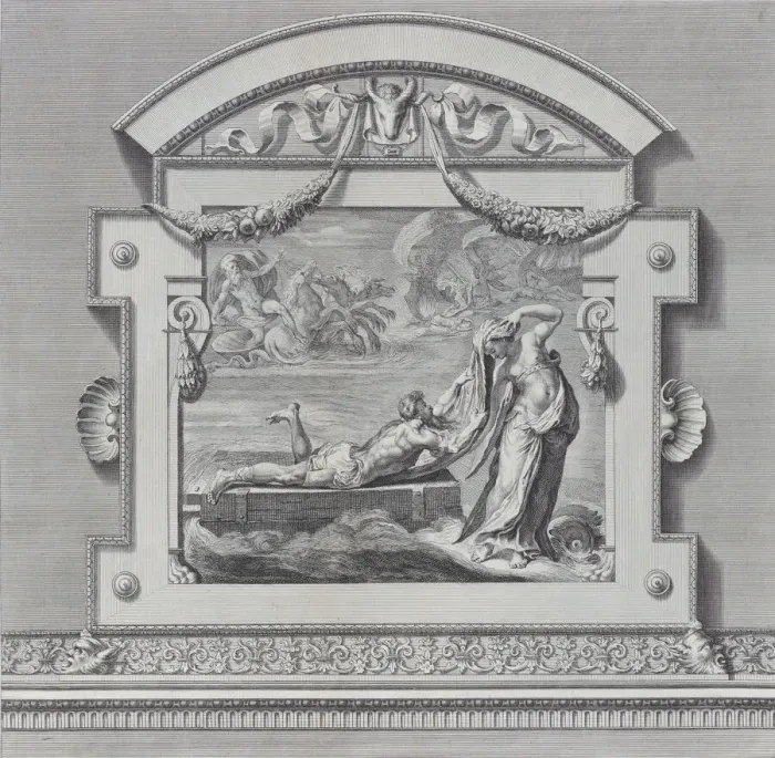 Framed Print : Plate 26: Ulysses escaping on a raft with the aid of the sea deity Leucothea, 1756. Creators: Bartolomeo Crivellari, Gabriel Soderling Framed Print : Plate 26: Ulysses escaping on a raft with the aid of the sea deity Leucothea, 1756. Creators: Bartolomeo Crivellari, Gabriel Soderling