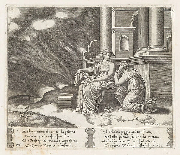 Plate 27: Proserpine gives Psyche the box of beauty, from the Story of Cupid and Psyche... 1530-60. Creator: Master of the Die