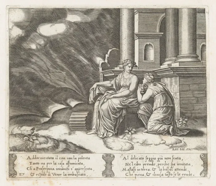 Framed Print : Plate 27: Proserpine gives Psyche the box of beauty, from the Story of Cupid and Psyche... 1530-60. Creator: Master of the Die Framed Print : Plate 27: Proserpine gives Psyche the box of beauty, from the Story of Cupid and Psyche... 1530-60. Creator: Master of the Die