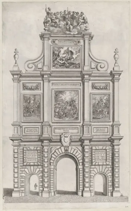 Framed Print : Plate 27: Triumphal arch, elevation of the back, surmounted by allegorical figures and dec... 1636. Creators: Johannes Meursius, Willem van der Beke Framed Print : Plate 27: Triumphal arch, elevation of the back, surmounted by allegorical figures and dec... 1636. Creators: Johannes Meursius, Willem van der Beke