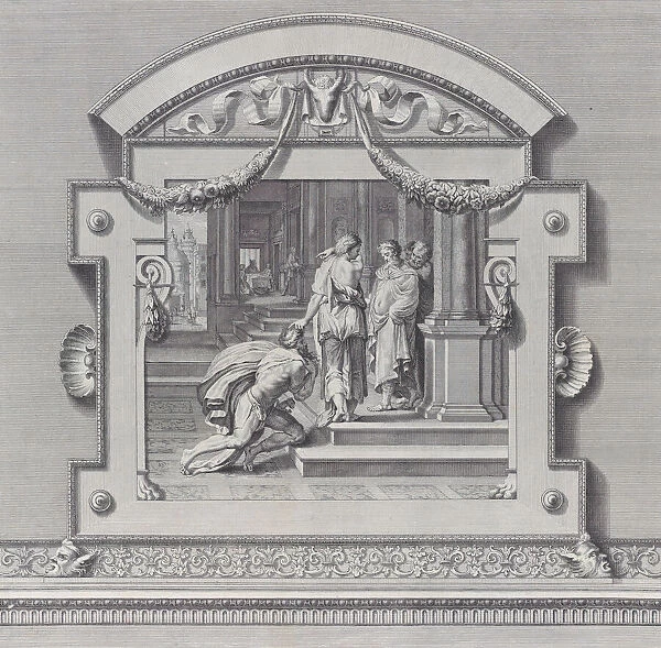 Plate 27: Ulysses received by Alcinous king of Phoeacia and his Queen Areta after his ship... 1756. Creators: Bartolomeo Crivellari, Gabriel Soderling