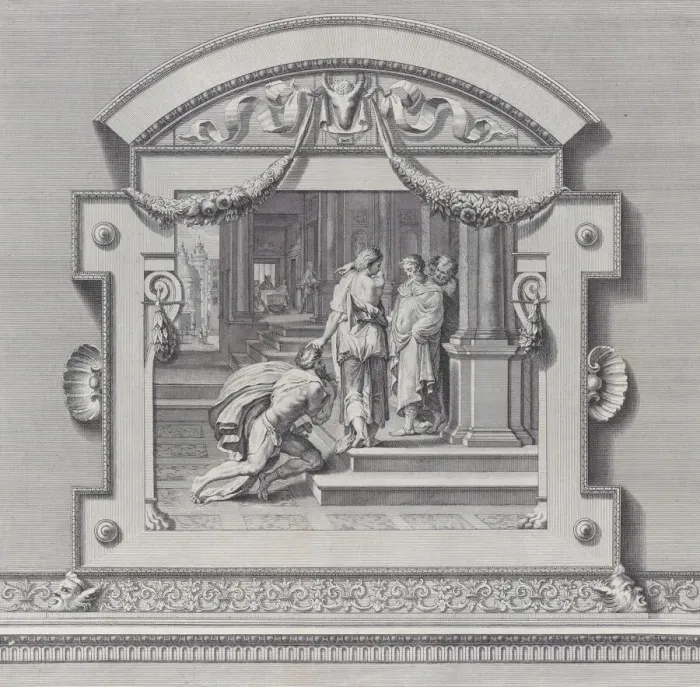 Framed Print : Plate 27: Ulysses received by Alcinous king of Phoeacia and his Queen Areta after his ship... 1756. Creators: Bartolomeo Crivellari, Gabriel Soderling Framed Print : Plate 27: Ulysses received by Alcinous king of Phoeacia and his Queen Areta after his ship... 1756. Creators: Bartolomeo Crivellari, Gabriel Soderling