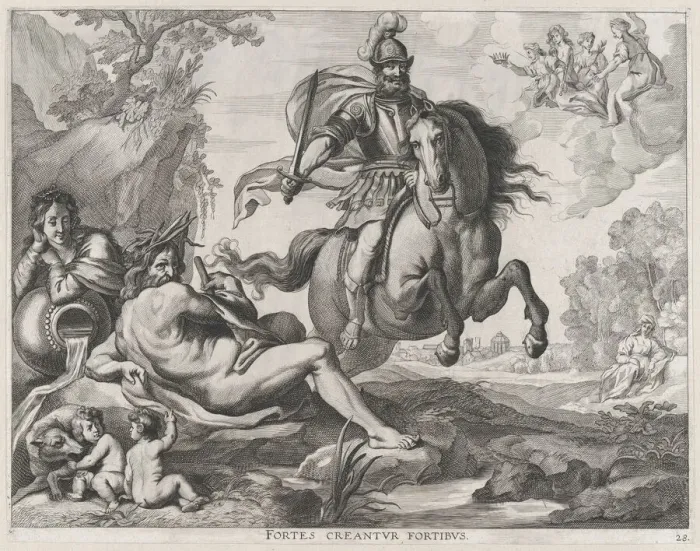 Framed Print : Plate 28: Mars on horseback at center, and Romulus and Remus with the wolf at lower left;... 1636. Creators: Jacob Neeffs, Johannes Meursius, Willem van der Beke