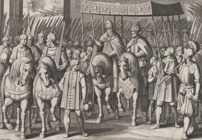 Framed Print : Plate 3: Charles V Crowned Emperor entering Rome with the Pope Framed Print : Plate 3: Charles V Crowned Emperor entering Rome with the Pope