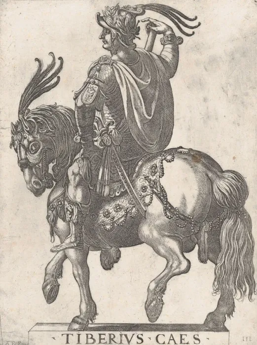 Framed Print : Plate 3: Emperor Tiberius on Horseback, from The First Twelve Roman Caesars, 1596