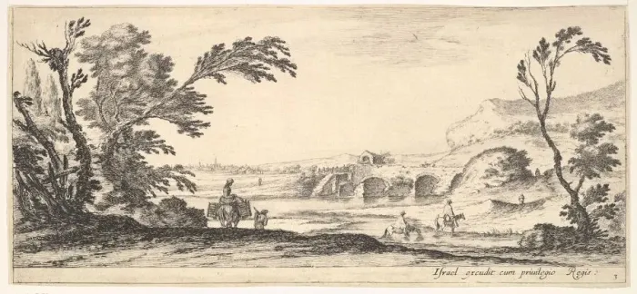 Framed Print : Plate 3: two horsemen crossing a river to right, a woman with two baskets atop a donke Framed Print : Plate 3: two horsemen crossing a river to right, a woman with two baskets atop a donke