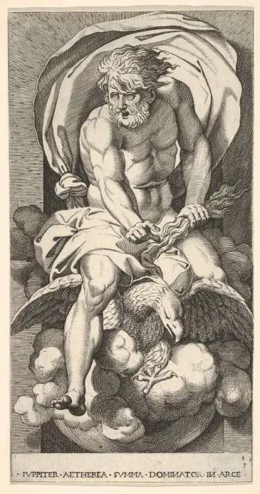 Framed Print : Plate 3: Jupiter emerging from a niche, riding an eagle Framed Print : Plate 3: Jupiter emerging from a niche, riding an eagle