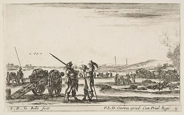 Plate 3: An officer giving orders to a solider in centre foreground, cannon at left, f