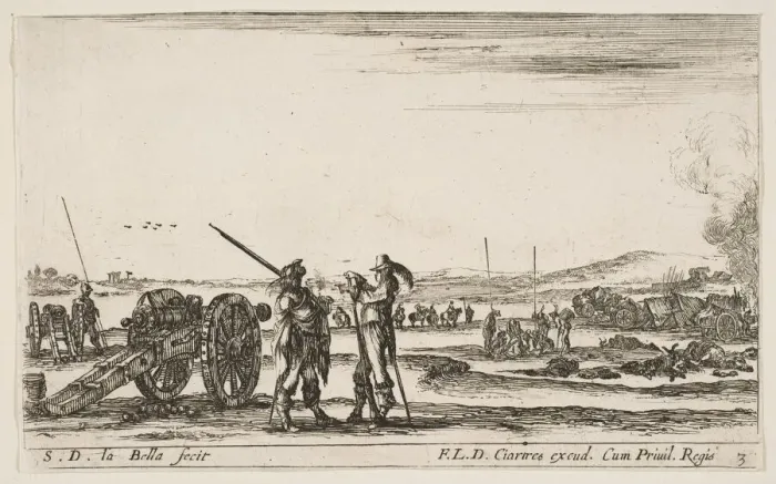 Framed Print : Plate 3: An officer giving orders to a solider in centre foreground, cannon at left, f Framed Print : Plate 3: An officer giving orders to a solider in centre foreground, cannon at left, f