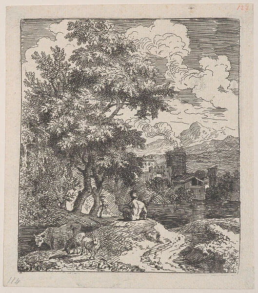 Plate 3: a shepherd seated on a hill, a cow and two sheep at left, and a town in ri