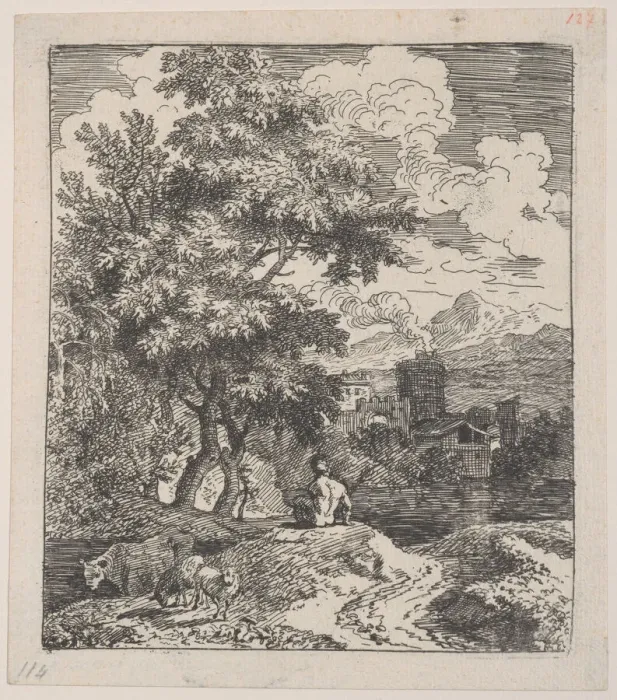 Framed Print : Plate 3: a shepherd seated on a hill, a cow and two sheep at left, and a town in ri Framed Print : Plate 3: a shepherd seated on a hill, a cow and two sheep at left, and a town in ri