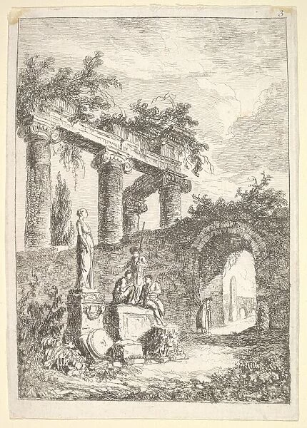 Plate 3: The Statue Before the Ruins: a statue to left next to three figures on a p