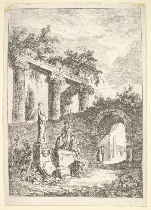 Framed Print : Plate 3: The Statue Before the Ruins: a statue to left next to three figures on a p Framed Print : Plate 3: The Statue Before the Ruins: a statue to left next to three figures on a p