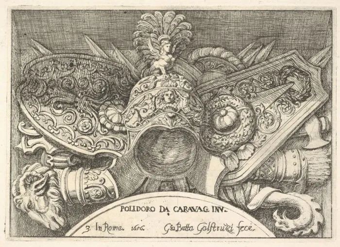 Framed Print : Plate 3: trophies of Roman arms from decorations above the windows on the second floor of Framed Print : Plate 3: trophies of Roman arms from decorations above the windows on the second floor of