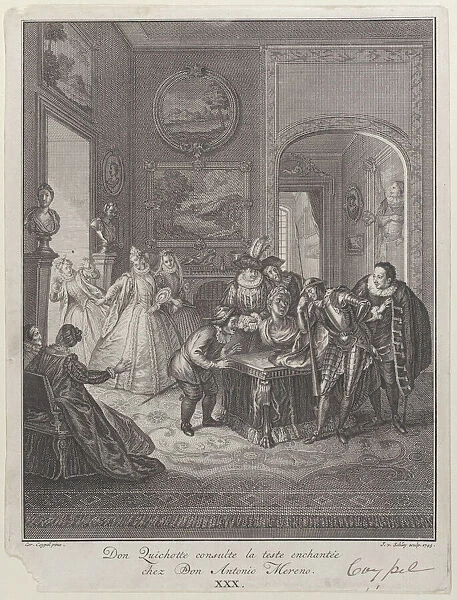Plate 30: Don Quixote consults the enchanted head at Don Antonio Morenos house (Don Quich... 1745. Creator: Jakob van Schley)