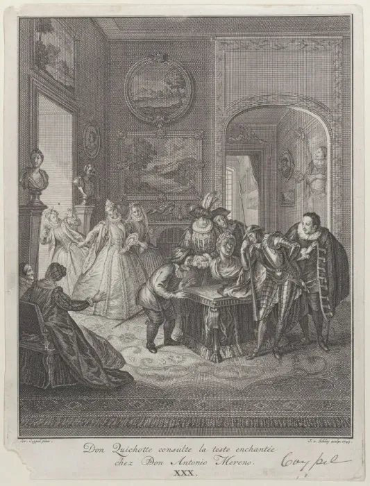 Framed Print : Plate 30: Don Quixote consults the enchanted head at Don Antonio Morenos house (Don Quich... 1745. Creator: Jakob van Schley) Framed Print : Plate 30: Don Quixote consults the enchanted head at Don Antonio Morenos house (Don Quich... 1745. Creator: Jakob van Schley)