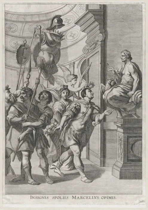 Framed Print : Plate 30: Marcellus dedicating the spoils of war to Jupiter; from Guillielmus Becanuss S... 1636. Creators: Johannes Meursius, Willem van der Beke Framed Print : Plate 30: Marcellus dedicating the spoils of war to Jupiter; from Guillielmus Becanuss S... 1636. Creators: Johannes Meursius, Willem van der Beke