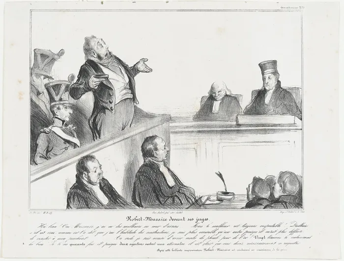 Framed Print : Plate 30: Robert Macaire devant ses juges, 1838. Creator: Honore Daumier Framed Print : Plate 30: Robert Macaire devant ses juges, 1838. Creator: Honore Daumier