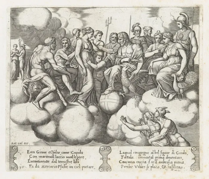Framed Print : Plate 30: Venus and Cupid pleading their case before Jupiter and other Gods with Mercur... 1530-60. Creator: Master of the Die Framed Print : Plate 30: Venus and Cupid pleading their case before Jupiter and other Gods with Mercur... 1530-60. Creator: Master of the Die