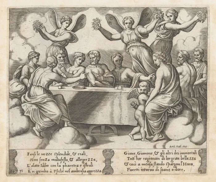 Framed Print : Plate 31: Gods celebrating the wedding of Cupid and Psyche, from the Story of Cupid and... 1530-60. Creator: Master of the Die Framed Print : Plate 31: Gods celebrating the wedding of Cupid and Psyche, from the Story of Cupid and... 1530-60. Creator: Master of the Die