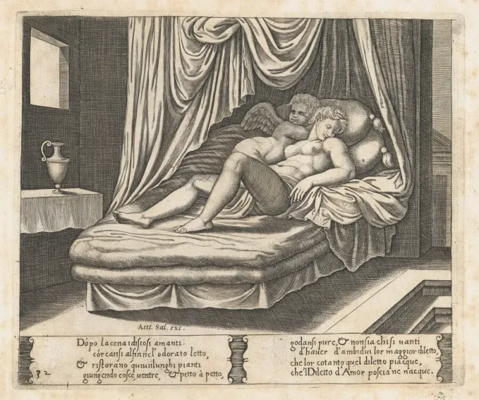Framed Print : Plate 32: Cupid and Psyche in the nuptial bed, from the Story of Cupid and Psyche as to... 1530-60. Creator: Master of the Die Framed Print : Plate 32: Cupid and Psyche in the nuptial bed, from the Story of Cupid and Psyche as to... 1530-60. Creator: Master of the Die