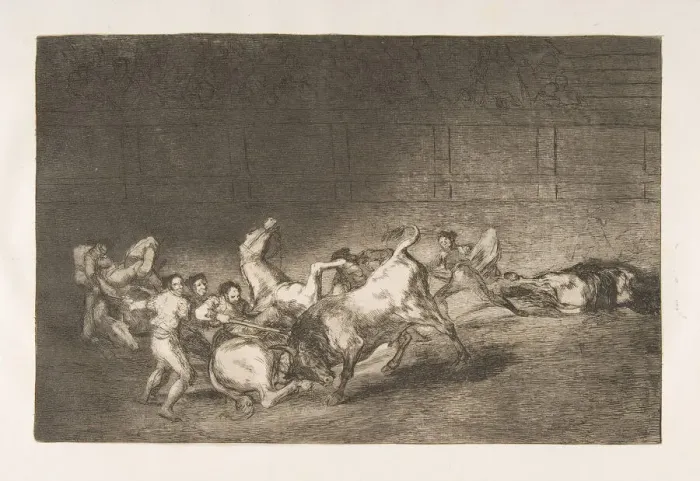 Framed Print : Plate 32 from the Tauromaquia : Two teams of picadors thrown one after the other by a Framed Print : Plate 32 from the Tauromaquia : Two teams of picadors thrown one after the other by a