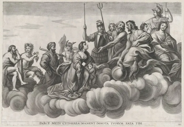 Framed Print : Plate 32: Venus asking Jupiter for protection; from Guillielmus Becanuss Serenissimi Pri... 1636. Creators: Johannes Meursius, Willem van der Beke Framed Print : Plate 32: Venus asking Jupiter for protection; from Guillielmus Becanuss Serenissimi Pri... 1636. Creators: Johannes Meursius, Willem van der Beke