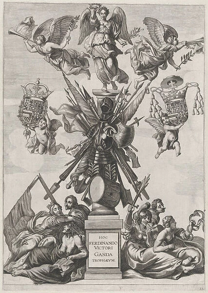 Plate 33: Armorial trophy on a Tuscan column, surrounded by allegorical figures and cherub... 1636. Creators: Johannes Meursius, Willem van der Beke
