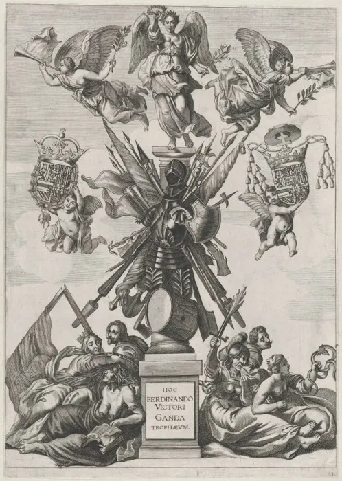 Framed Print : Plate 33: Armorial trophy on a Tuscan column, surrounded by allegorical figures and cherub... 1636. Creators: Johannes Meursius, Willem van der Beke Framed Print : Plate 33: Armorial trophy on a Tuscan column, surrounded by allegorical figures and cherub... 1636. Creators: Johannes Meursius, Willem van der Beke
