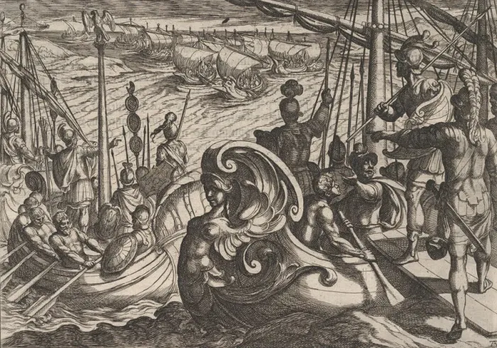 Framed Print : Plate 33: Dutch and Roman Flotillas on the Rhine, from The War of the Romans Against Framed Print : Plate 33: Dutch and Roman Flotillas on the Rhine, from The War of the Romans Against