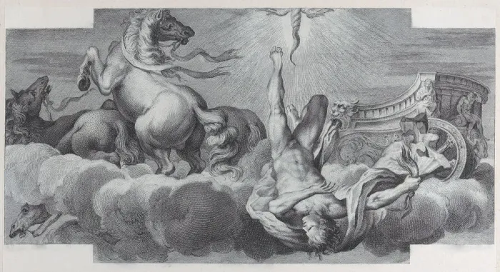 Framed Print : Plate 34: Auriga, the charioteer, falls from the chariot at center, with three horses at l... 1756. Creators: Bartolomeo Crivellari, Gabriel Soderling Framed Print : Plate 34: Auriga, the charioteer, falls from the chariot at center, with three horses at l... 1756. Creators: Bartolomeo Crivellari, Gabriel Soderling