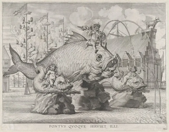 Framed Print : Plate 34: King Ferdinand as Neptune, seated on a whale at center, with putti atop two smal... 1636. Creators: Jacob Neeffs, Johannes Meursius, Willem van der Beke