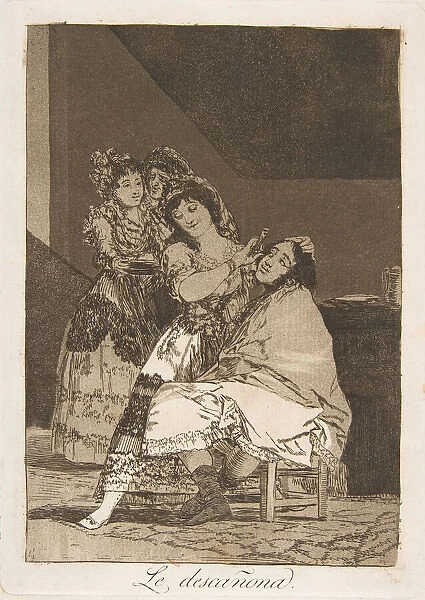 Plate 35 from Los Caprichos : She fleeces him (Le descanona. ), 1799