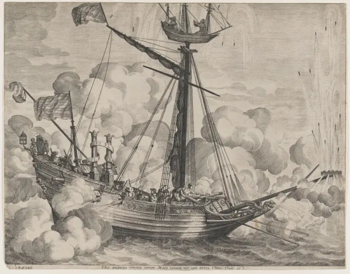 Framed Print : Plate 37: Triumphal ship with fireworks display to the right; from Guillielmus Becanus s... 1636. Creators: Jacob Neeffs, Johannes Meursius, Willem van der Beke Framed Print : Plate 37: Triumphal ship with fireworks display to the right; from Guillielmus Becanus s... 1636. Creators: Jacob Neeffs, Johannes Meursius, Willem van der Beke
