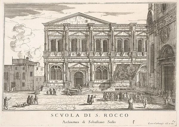 Plate 37: Side view of the school of St. Roch at left and view of facade of the church of
