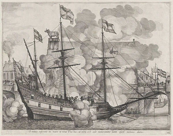 Plate 38: Triumphal ship with the city of Ghent in the background; from Guillielmus Becanu... 1636. Creators: Johannes Meursius, Willem van der Beke