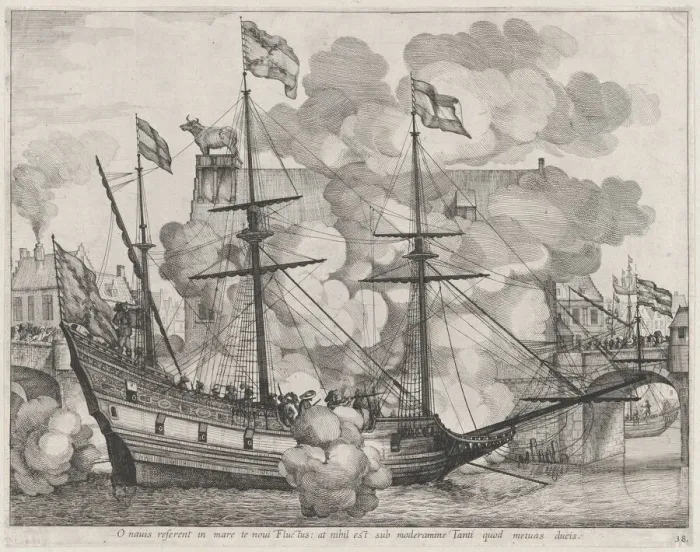 Framed Print : Plate 38: Triumphal ship with the city of Ghent in the background; from Guillielmus Becanu... 1636. Creators: Johannes Meursius, Willem van der Beke Framed Print : Plate 38: Triumphal ship with the city of Ghent in the background; from Guillielmus Becanu... 1636. Creators: Johannes Meursius, Willem van der Beke