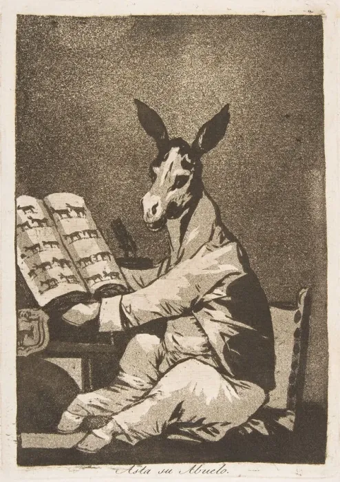 Framed Print : Plate 39 from Los Caprichos : And so was his grandfather. (Asta su Abuelo. ), 1799 Framed Print : Plate 39 from Los Caprichos : And so was his grandfather. (Asta su Abuelo. ), 1799